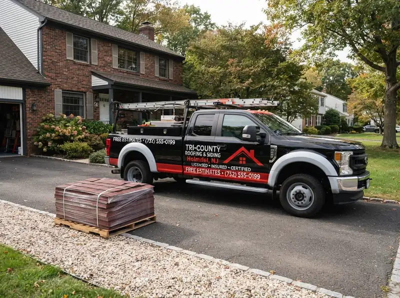 Professional roofing service truck in Holmdel