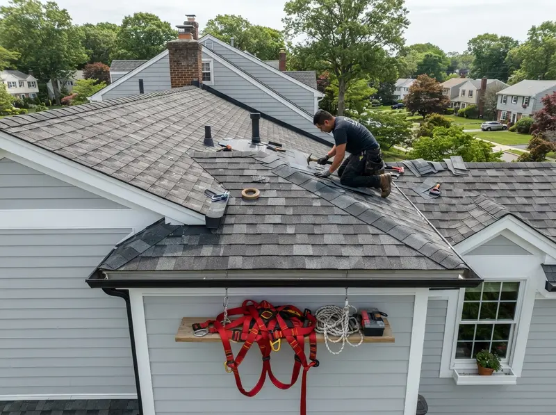 Roofer assessing shingle damage in Holmdel Roofer assessing shingle damage in Holmdel